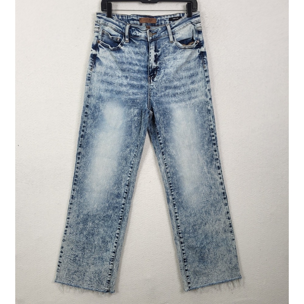 Judy Blue Wide Leg Acid Wash Raw Hem Jeans Size 13/31 Light Blue 4 Way Stretch